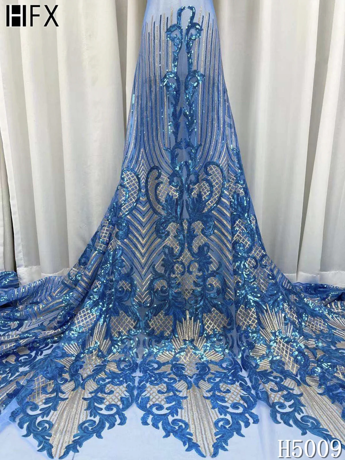 HFX 2021 новейшая африканская сетчатая кружевная ткань с вышивкой блестками синие