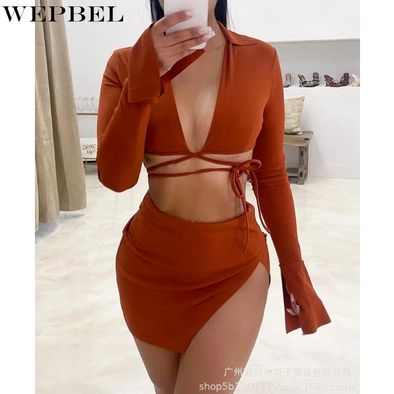 

WEPBEL Sexy Women's Solid Color Slim Suit Autumn Flare Sleeve V-neck Bandage Top + High Waist Slit Irregular Skirt Suit