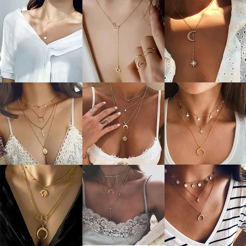 

Vintage Multilayer Crystal Pendant Necklace for Women Gold Color Beads Moon Star Horn Crescent Choker Necklaces 2020 Jewelry New