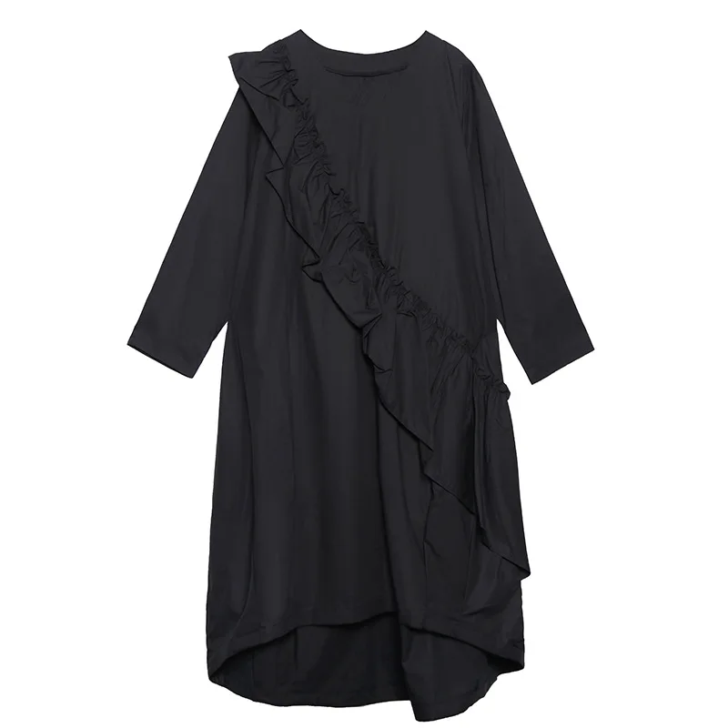 Женское платье с оборками Johnature однотонное асимметричное круглым вырезом и