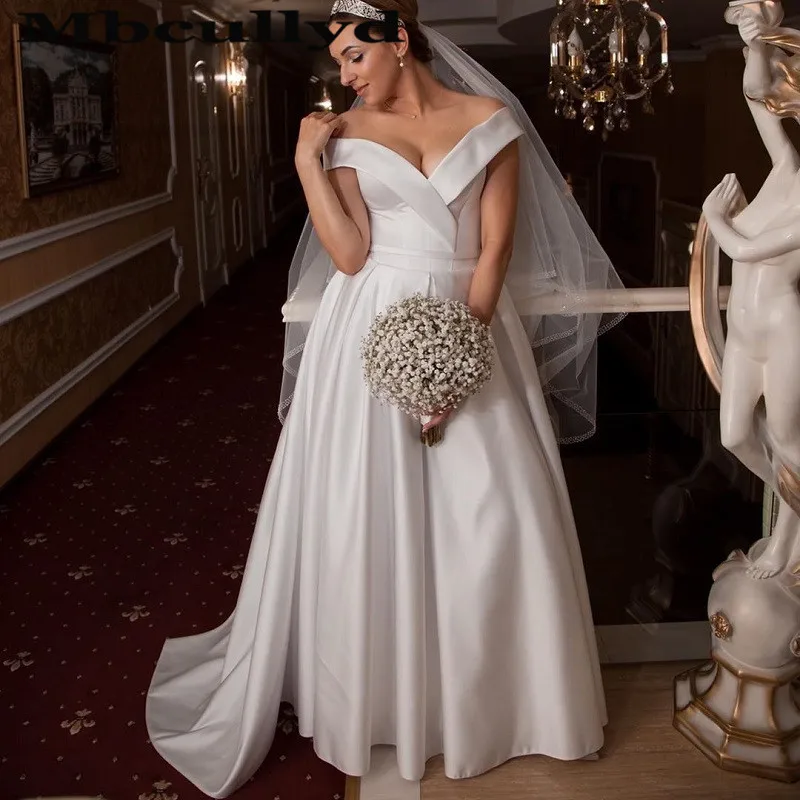 Mbcullyd Classic Satin Wedding Dresses Long 2020 Elegant Off the Shoulder Bride Dress For Women Cheap Plus Size Vestido de noiva | Свадьбы и
