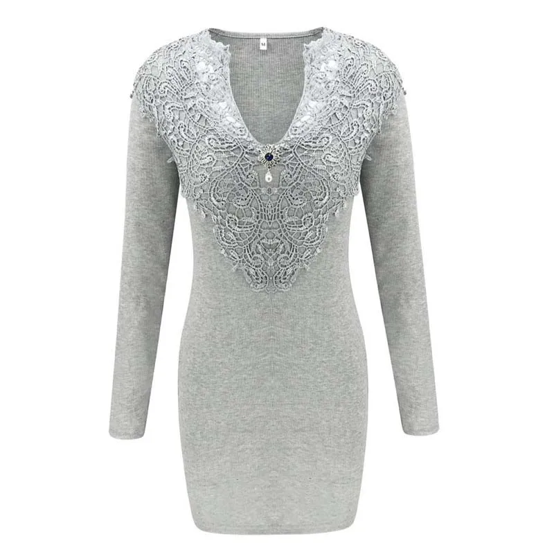 

Grey Lace Dress Long Sleeve Bodycon Mini Party Dresses V Neck Slim Fit Vestidos Elegant Robe Femme Womens Clothing 2020 SJ4748R