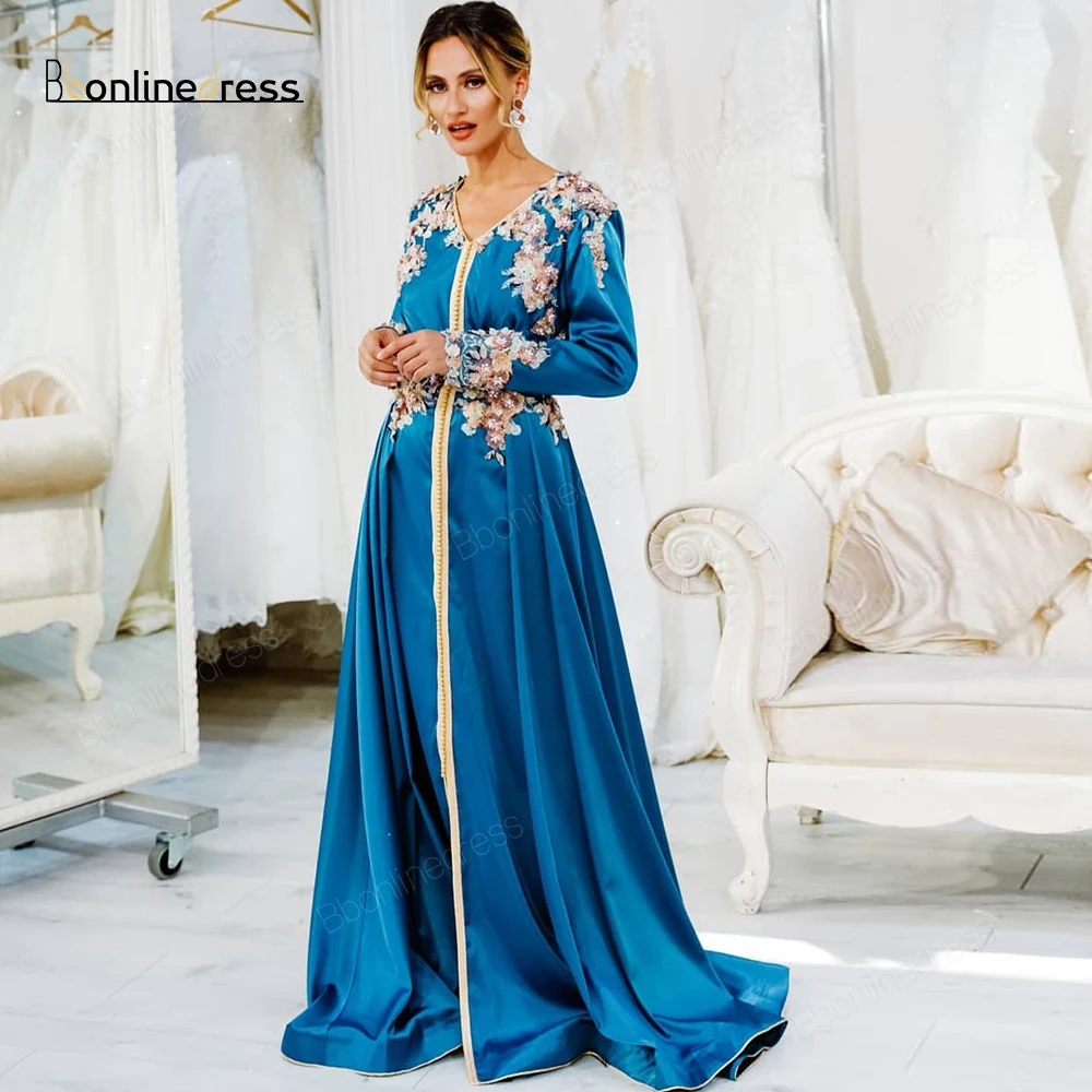 Синий марокканский кафтан вечернее платье с кружевной аппликацией длинное