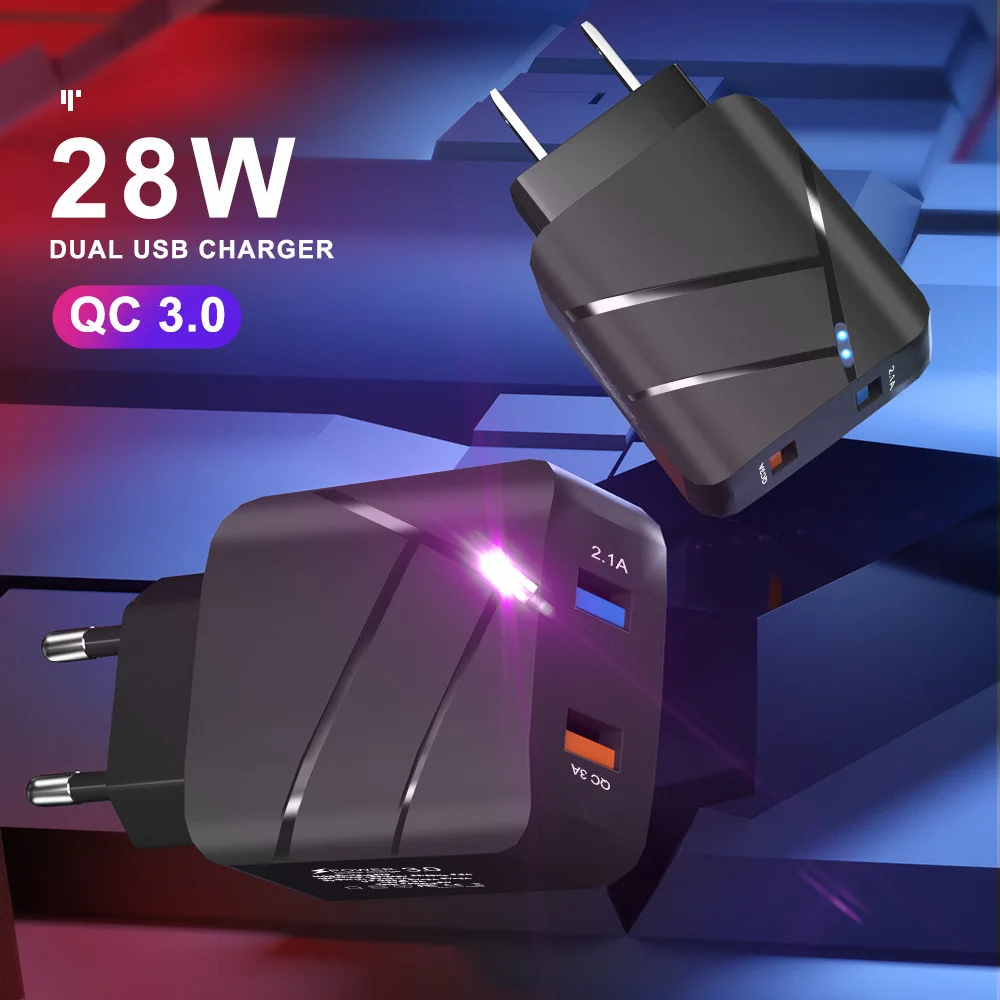 

28W de carga rápida QC 3,0 Indicador de luz 2 adaptador USB del teléfono móvil cargador de pared para iPhone 12 pro max Xiaomi r