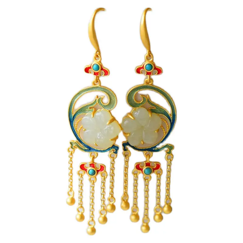 

Vintage Cloisonne Earrings Long Sterling Silver Gold-Plated Inlaid Hetian Jade Small Flower Earrings Gas Female Tassel Chinese S