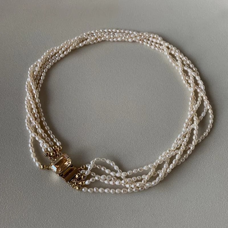 ?? ヴィンテージシャンパン宝石クラスプ多層天然淡水真珠ショートネックレスファッション気質鎖骨チェーン女性