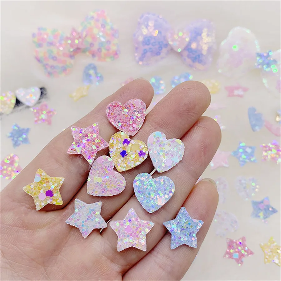 100Pcs/Lot 1.5CM Glitter Star And Heart Padded Appliques For DIY Children Hair Clip Accessories Hat Clothes Patches