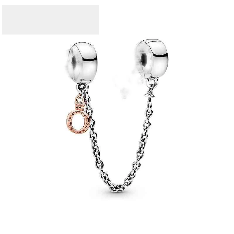 

925 Sterling Silver Rose Gold Crown O Flow charm safty Chain Pendants for Original Pandora Women Bracelet DIY Jewelry Gift