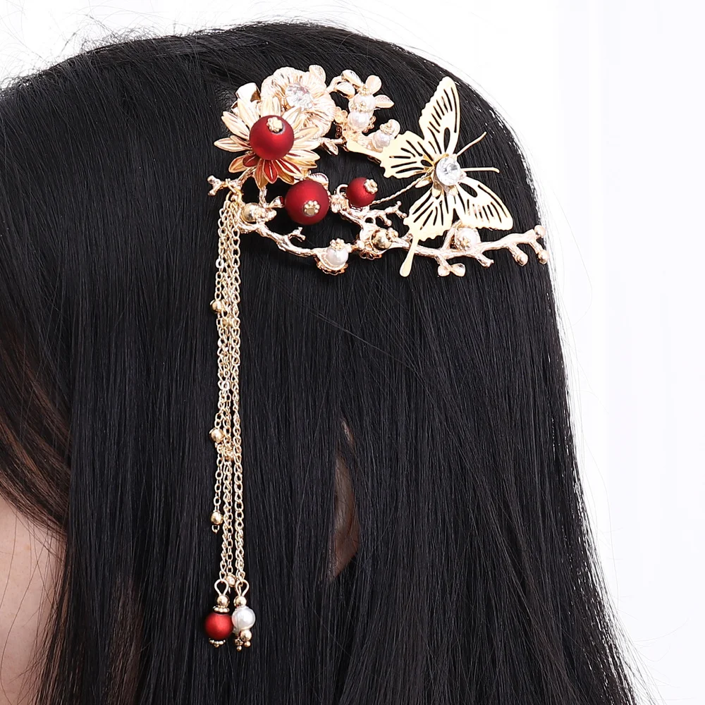

1 Pair of Vintage Hair Clips Chinese Style Metal Tassel Barrettes Hair for Wedding