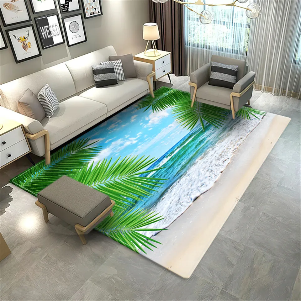 Palm Beach Waves Floor Rug For Living Room Sea Scenery 3D Carpets For Bedroom Sponge Bath Mat Large Lounge Rug Hallway Mat Decor