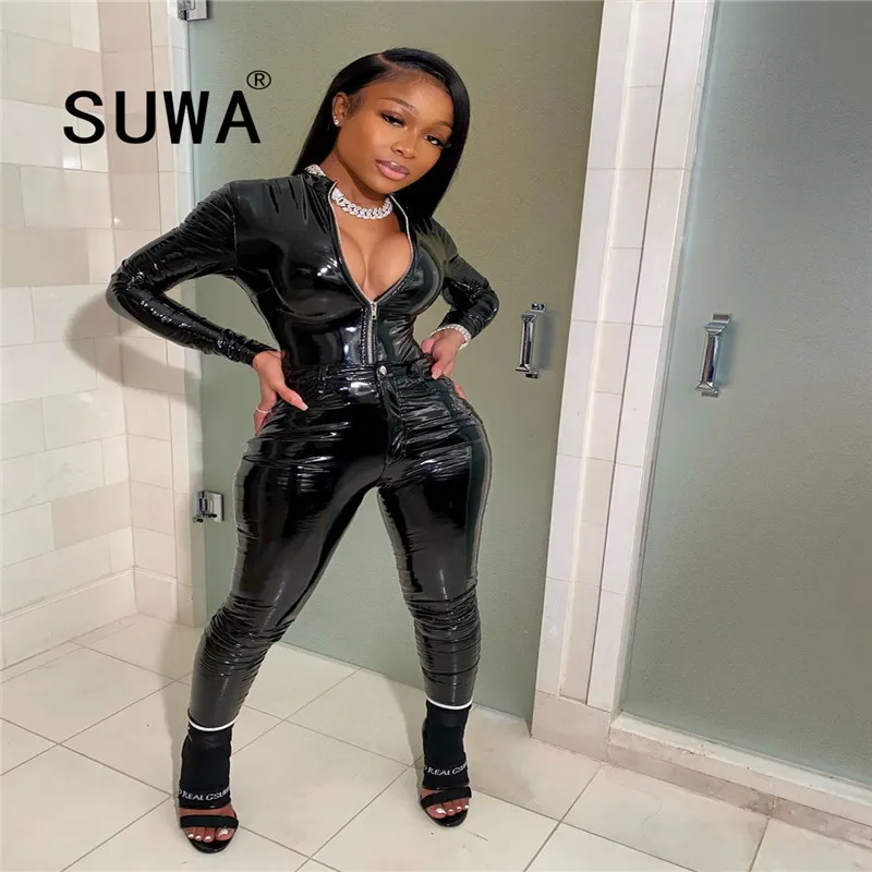 

Black PU Leather Two Piece Outfits for Women Full Sleeve Zipper Bandage Coat + Trousers Autumn Winter Sexy Club Fitness Wear