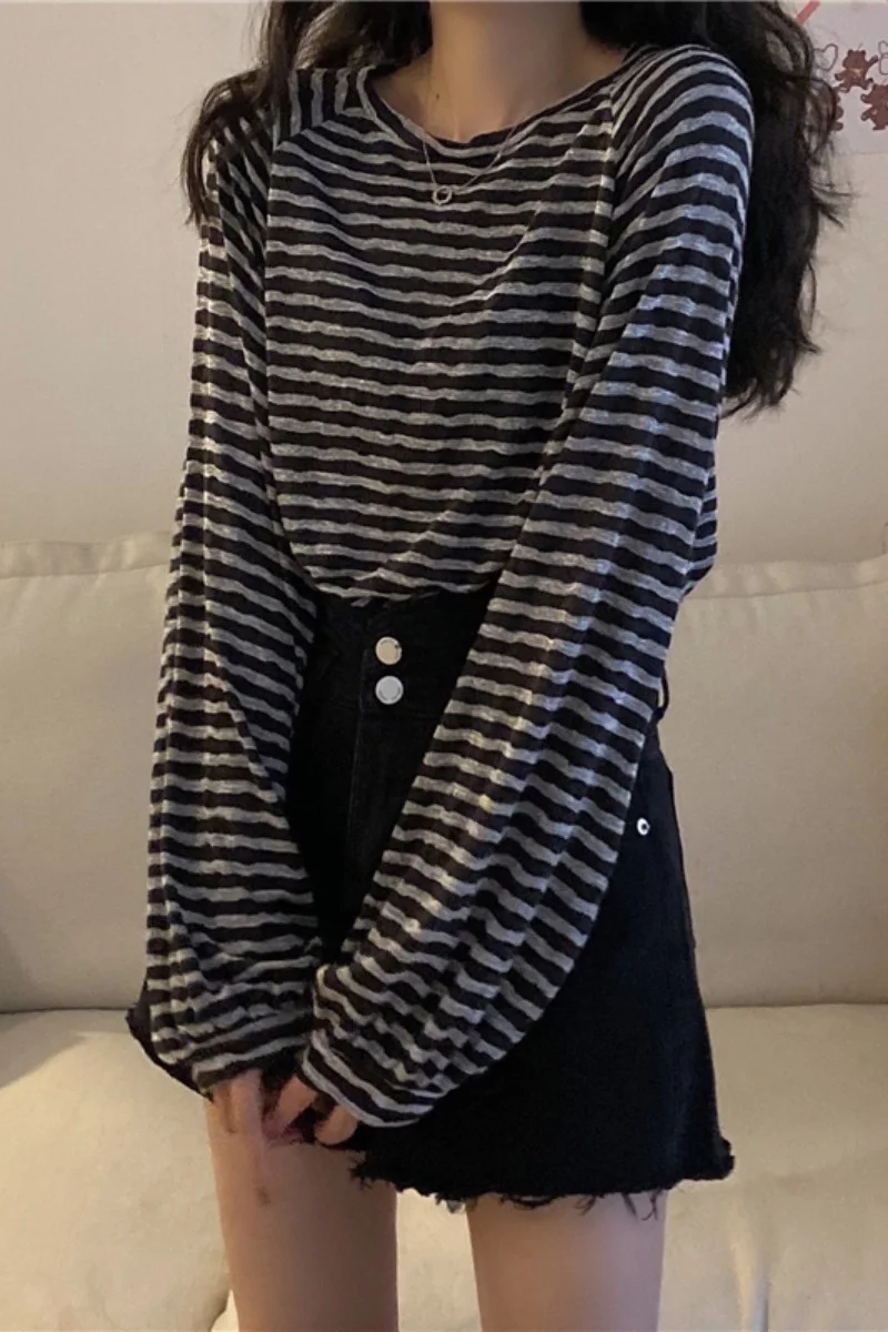 Футболка женская средней длины в полоску повседневный Свободный Топ контрастном