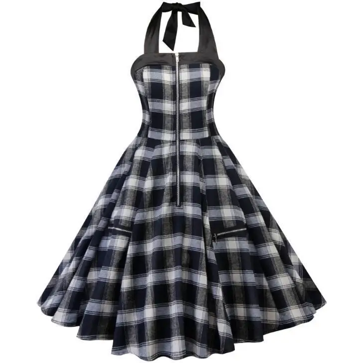 

Womens Retro Dress 50s 60s Vintage Rockabilly Swing Robes Plaid Summer Sexy Party Beach Midi A-line Dresses Tunic Vestido 2020