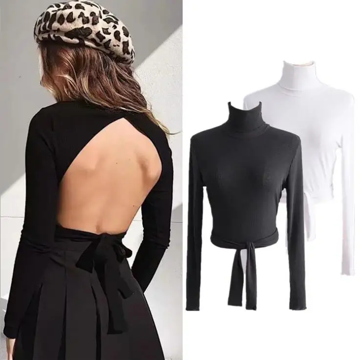 Вязаный свитер с открытой спиной и бантом Женский Повседневный пуловер высоким