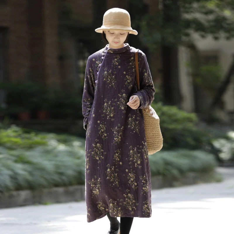 Женское платье в стиле ретро Johnature плюшевое Чонсам с цветочным принтом стоячим