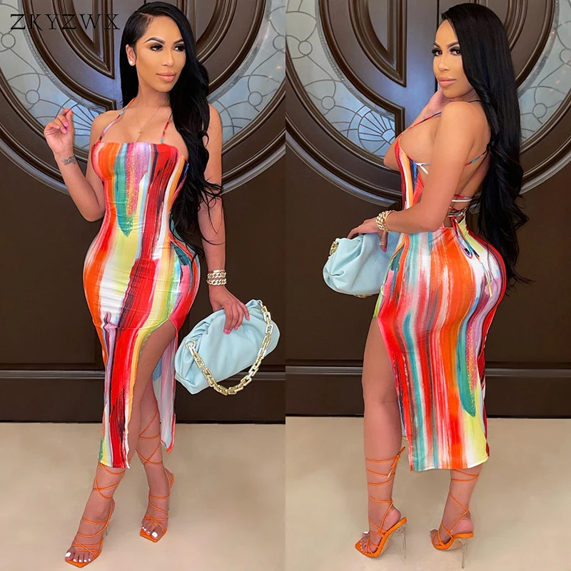 

ZKYZWX Sexy Tie Dye Club Party Dress Birthday Outfit for Women 2021 Summer Clother Elegant Backless Bandage Bodycon Midi Dresses