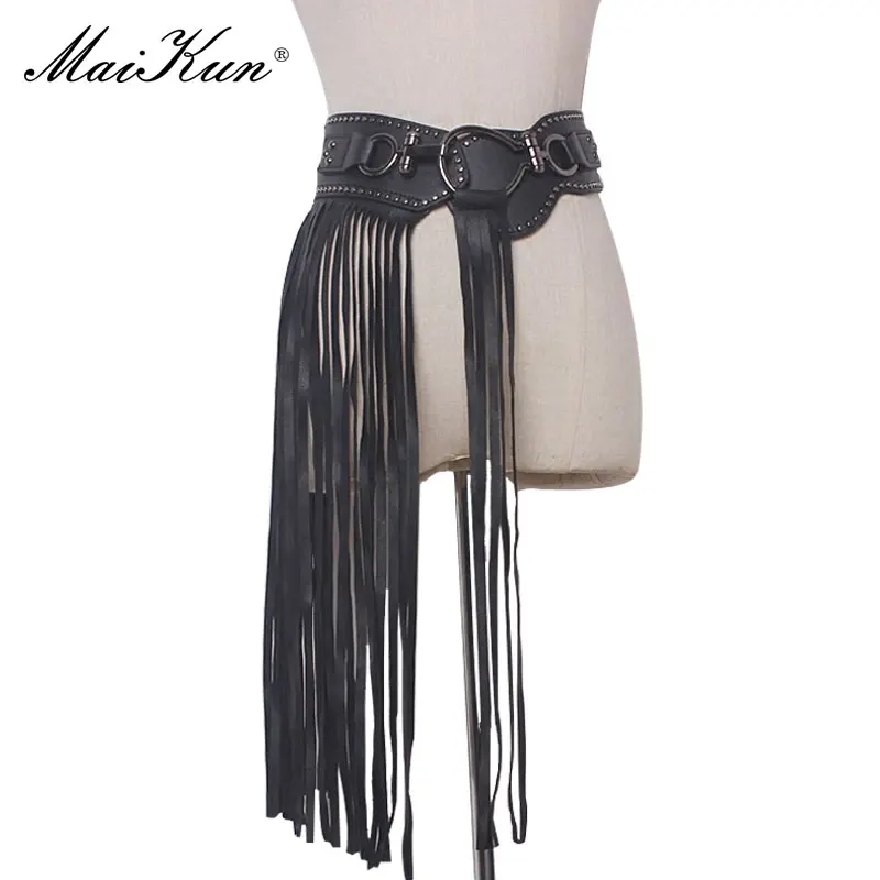 Maikun-cinturones góticos Punk para mujer, falda de borlas largas con personalidad, remache de moda, cinturón ancho elástico negro para mujer
