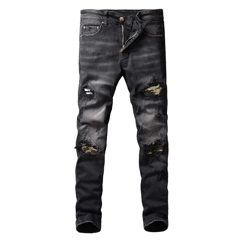 American Street Fashion Men Jeans Retro Black Gray Elastic Slim Ripped Jeans Men Camo Patch Designer Hip Hop Denim Punk Pants