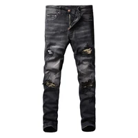 american street fashion men jeans retro black gray elastic slim ripped jeans men camo patch designer hip hop denim punk pants