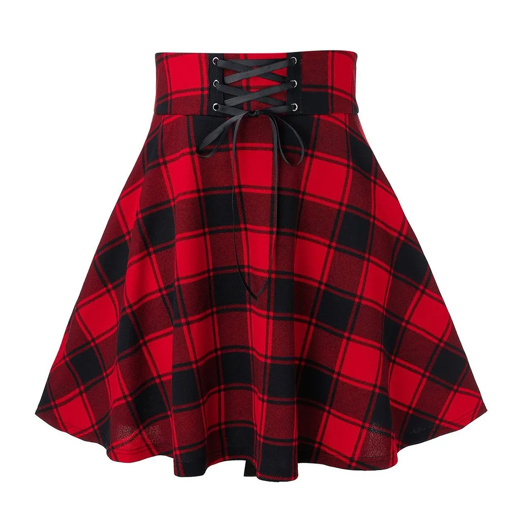 

Gothic Punk Harajuku Women Plaid Print Skirt Lace Up Hip Hop Winter Casual Green Grey Red Plaid Pleated Woolen Skater Punk 2021