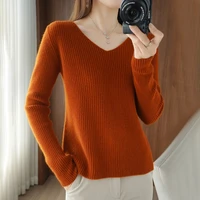 pure wool sweater womens 2021 autumn and winter new temperament v neck slim slimming solid color pullover all match knitted top