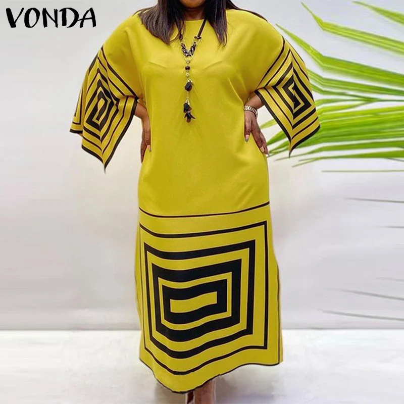 

VONDA 2022 Women Bohemian Dress Casual Loose 3/4 Sleeve Holiday Dress Female Vintage Printed Party Vestidos Oversized Robe Femme