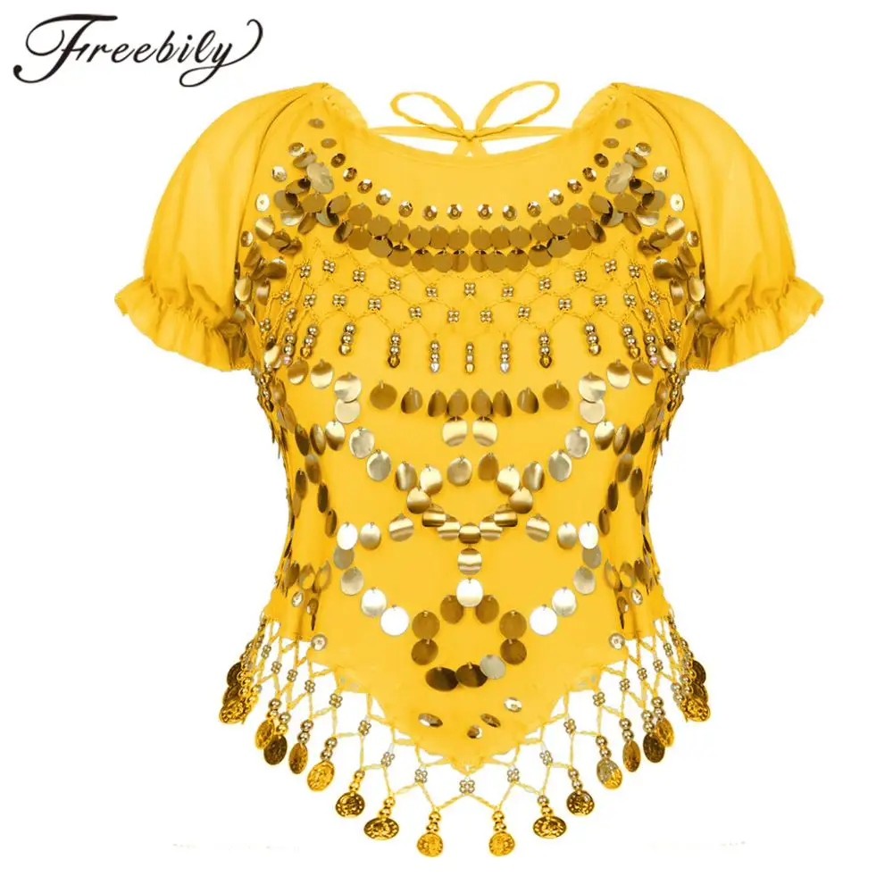 

Womens Bellydance Top Short Sleeveless Beaded Glitter Circle Tassels Belly Dancing Crop Top Female Halloween Belly Dance Costume