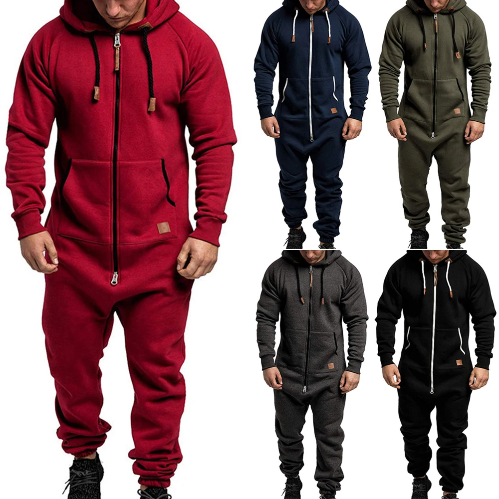 

Men's Sleep Onesies Romper Zipped Up Solid Jumpsuit Men One Pieces Hooded Long Sleeve Winter Warm Men Clothing Casual Onesies