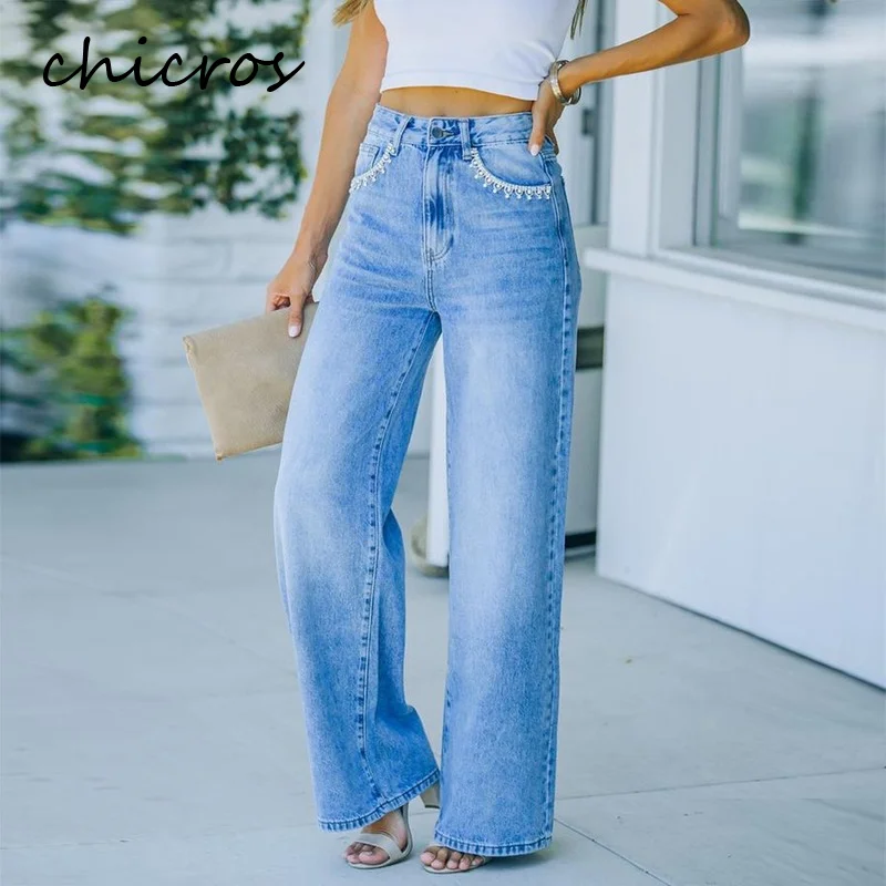 

Chicros High Street Women Denim Pants High Waist Lace Pockets Loose Wide Leg Pants Solid Casual Jeans Trousers for Women's 2021
