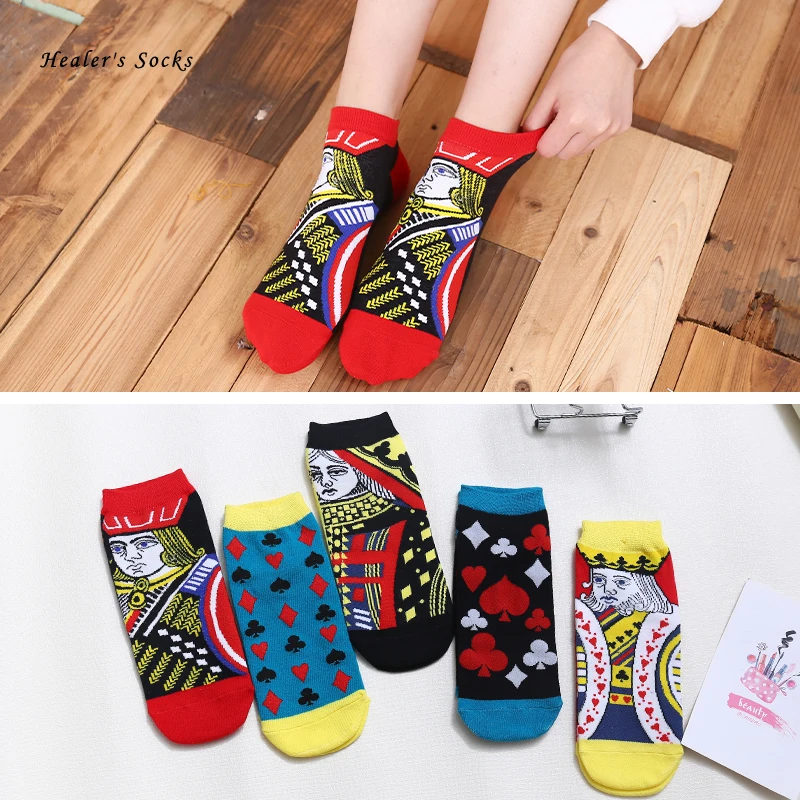 

Hot Playing Cards Men and Women Socks Cotton Color King and Queen Harajuku Fashion Funny Happy Casual Classic Girls Short Socks