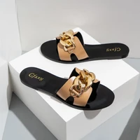 new ladies slippers 2021 summer slides fashion black metal chain decorated flat round toe women slides female beach shoes