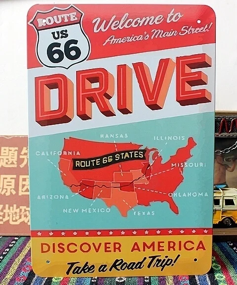 

Route 66 Main Street Metal Painting Vintage Tin Sign Metal Frame Wall Art Wall Decor Shabby Plaque Sign