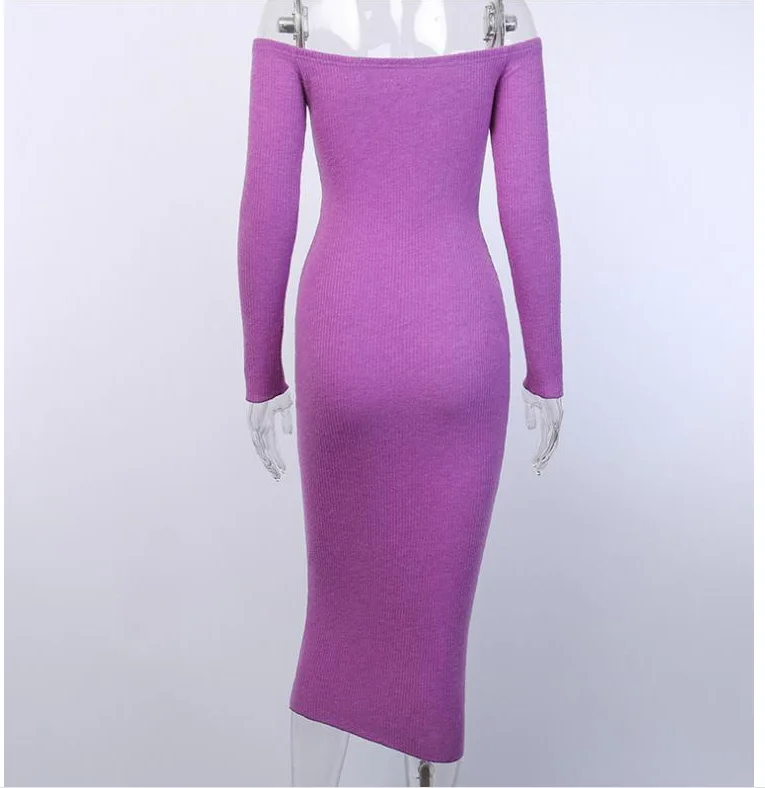 

WEPBEL Spring and Autumn Fashion Long Sleeve High Waist Slash Neck Off Shoulder Dress Women's Sexy Solid Color Slim Dress