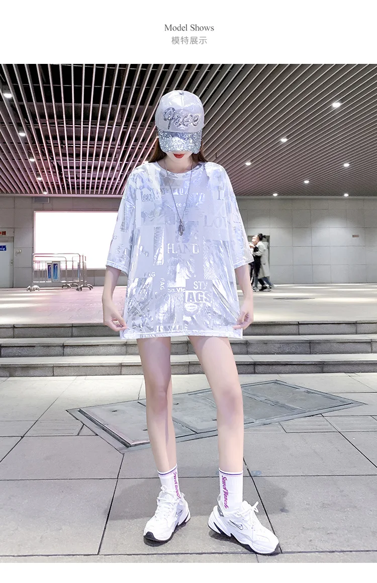 

Loose T-shirt Women's Summer New Hong Kong Style Shiny European Short-Sleeved Women's Mid-Length Women's T-shirt Casual Letter