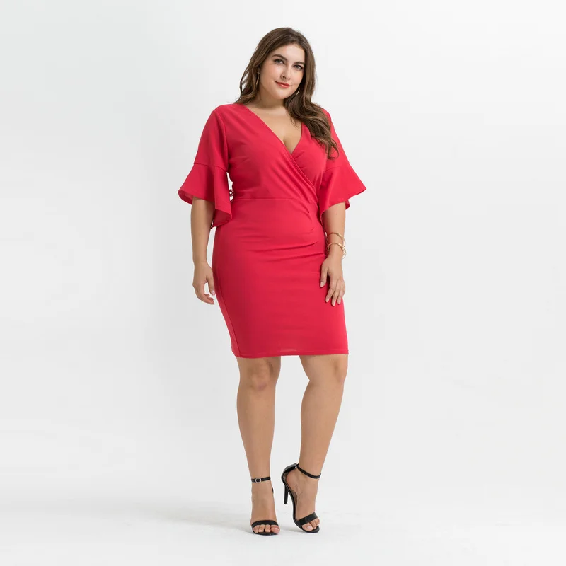 

Plus Size V-neck Tight Solid Color Dress Europe and America Women Dresses Party Wear 2021 New Fashion