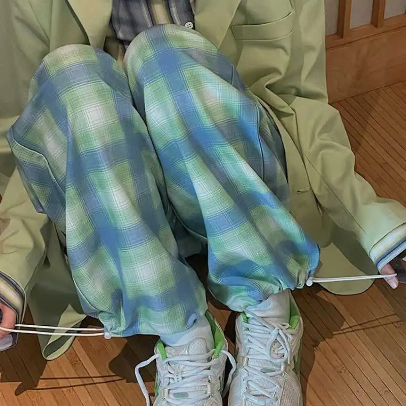 

Женские широкие брюки в клетку, повседневные свободные спортивные брюки с поясом на резинке, в Корейском стиле, 2021