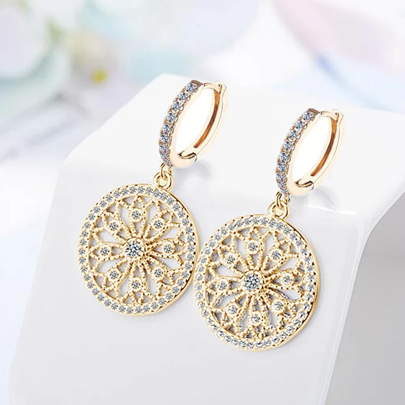 

2021 New Creative 925 Sterling Silver Round Drop Earrings For Women Fashion Gold Color Zircon Jewelry Gift