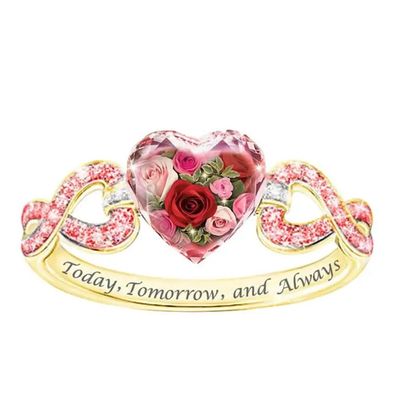 

Fashion Pink Crystal Rose Heart Rings for Women Yellow Gold Color Engagement Wedding Jewelry Accessories Gifts Wholesale