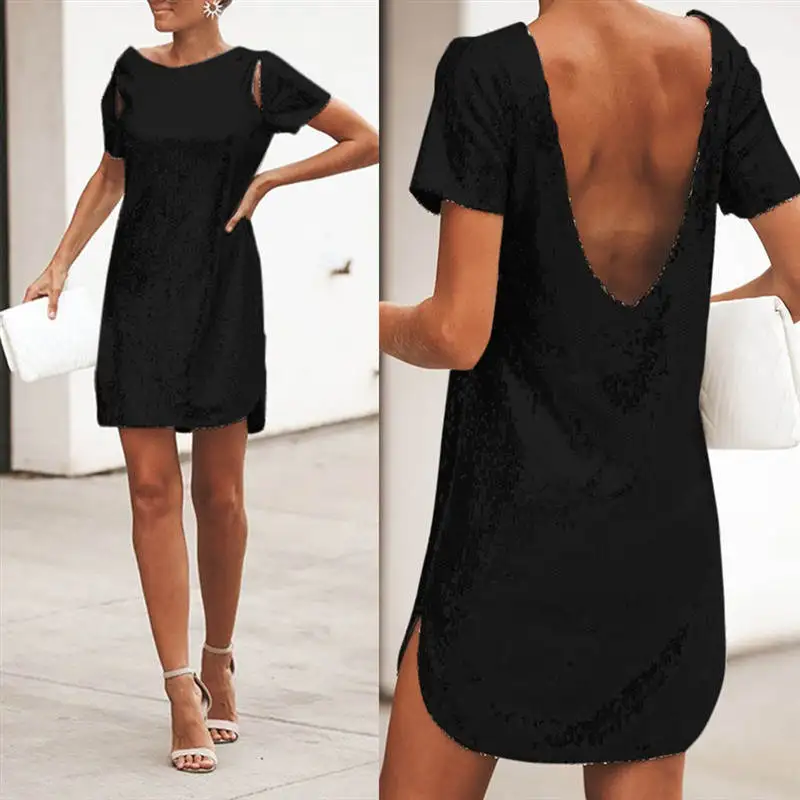 Женское платье расшитое блестками с коротким рукавом летнее прямое серебряное