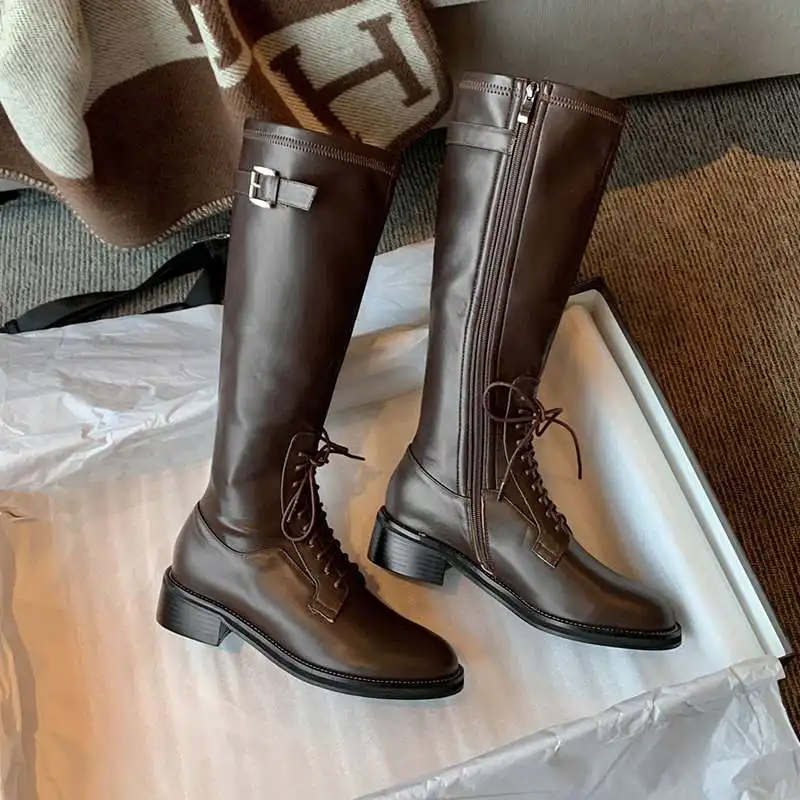Beli Vichelo Panas Gladiator Vintage Sapi Kulit Bulat Toe Med Tumit Musim Dingin Sepatu Cross-Tied Fashion Musim Dingin Klasik Lutut Sepatu Bot Tinggi L12