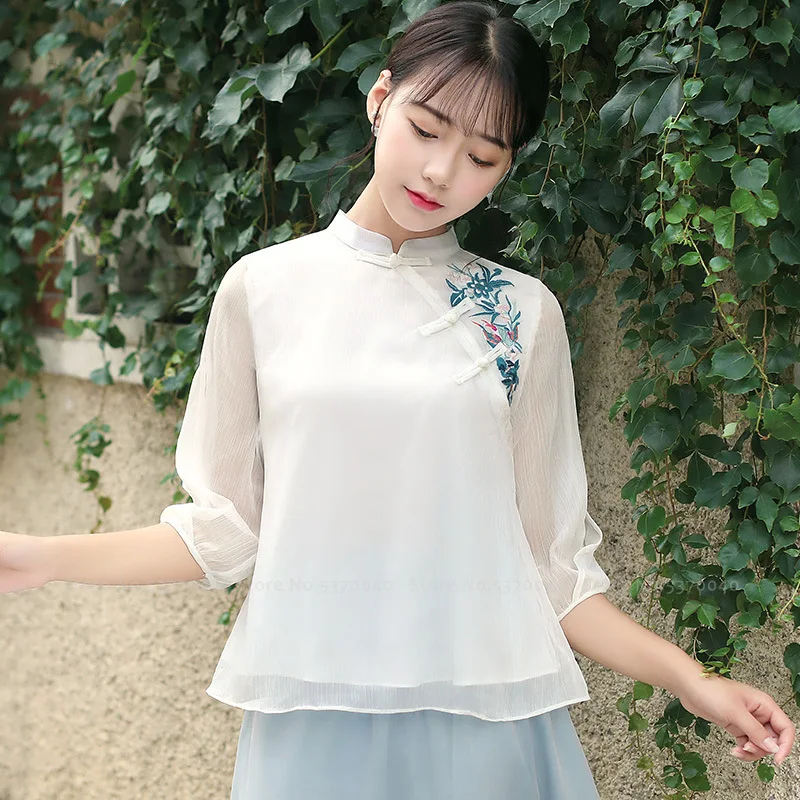Женская элегантная шифоновая блузка Hanfu топы Ципао корейская мода рубашки в