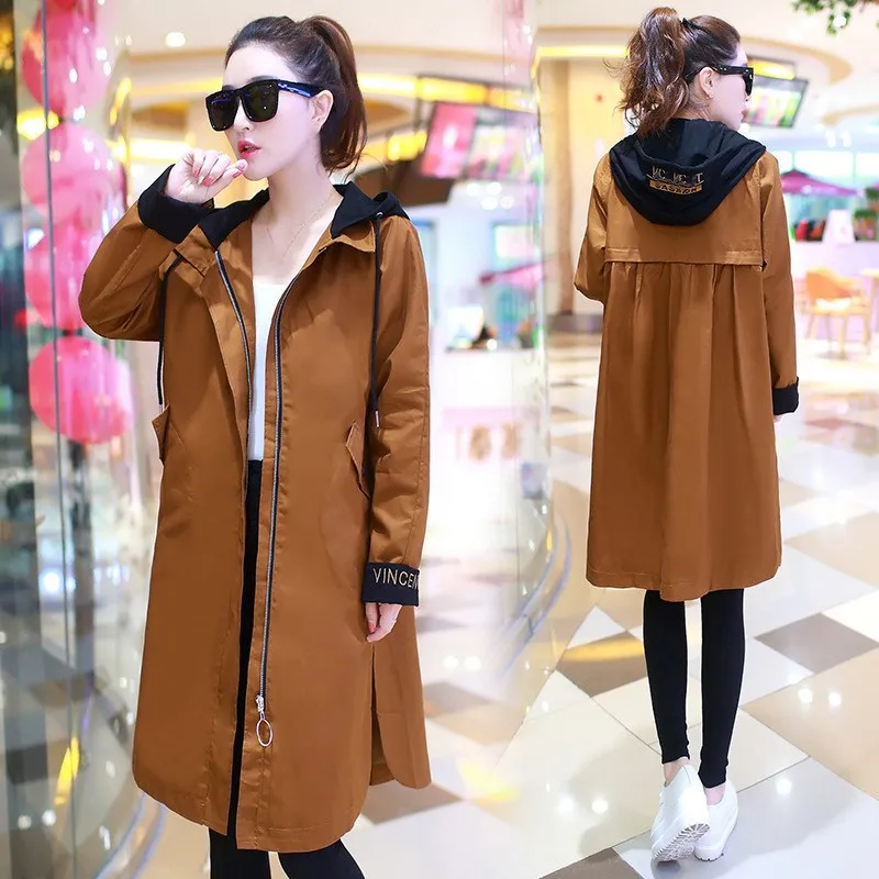 Женский плащ с капюшоном повседневное пальто средней длины цвета хаки