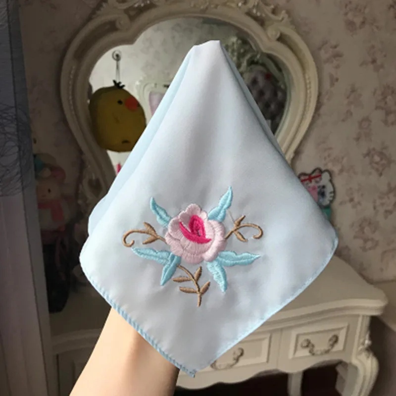 

Latest Embroidery Flower Handkerchief Silk Lady Square Towels Pocket Women Handkerchief Novelty Wedding Gift Dining Table Napkin