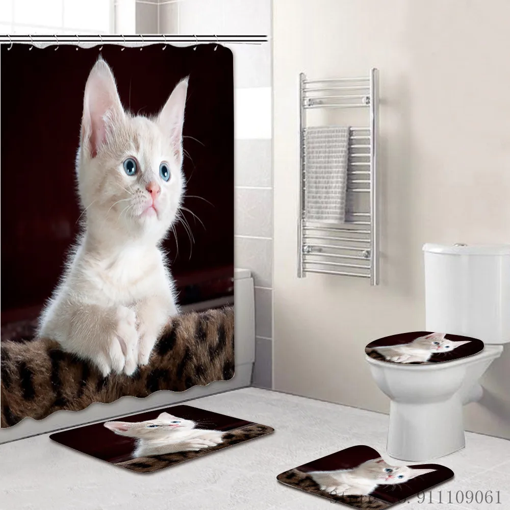 

Cartoon Animal Simple Shower Curtain Set 4Pcs Waterproof Polyester Fabric Shower Curtain Cat Print Shower Curtain Non-slip Mat