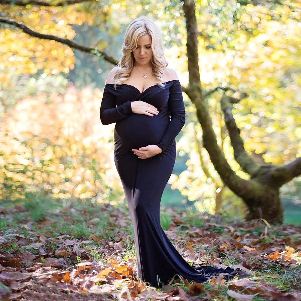 Maternity Dresses for Photo Shoot Cotton Stretch V-Neck Long Sleeve Skirt Is Soft and Comfortable Gown PregnancyShooting Solid enlarge