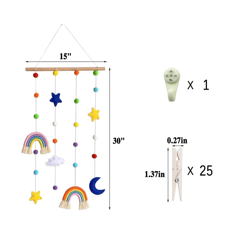 Rainbow Baby Room Decor Kids Bedroom Macrame Photo Display Colorful Ball Wall Hanging Organizer With 25 Wood Clips | Дом и сад