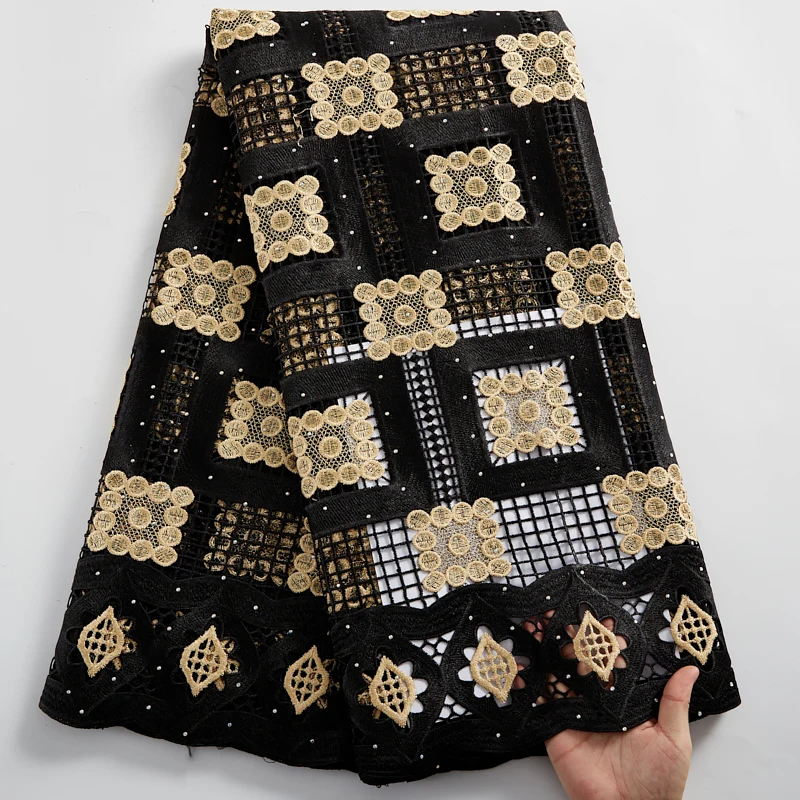 

Черная гипюровая кружевная ткань, 2021, африканская кружевная ткань, 5 ярдов, нигерийская Водорастворимая кружевная ткань для свадебного платья Y2470