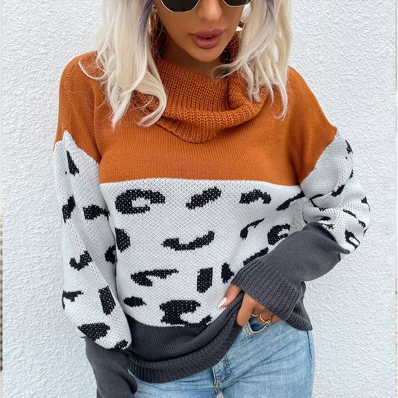 

Autumn new style 2021 women's pullover long-sleeved straight knit high-neck leopard sweater