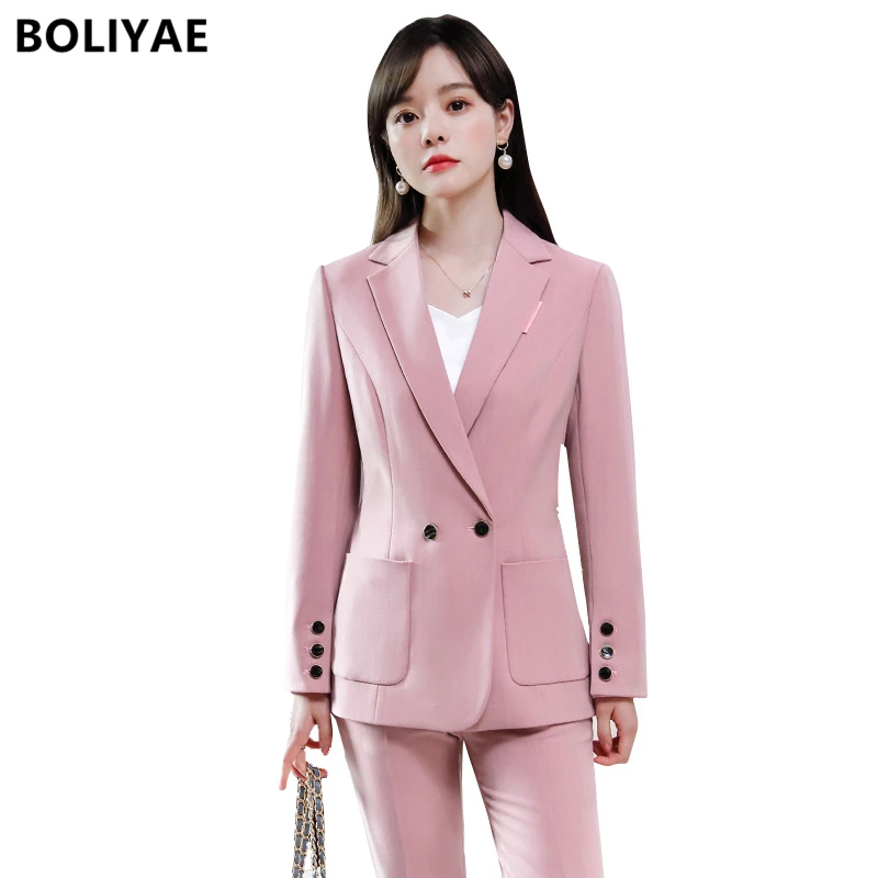 Boliye Topping Work Pant Suits 2 Piece Set for Women Business Interview Suit Jacket Uniform Blazer Office Lady Suit Formal OL