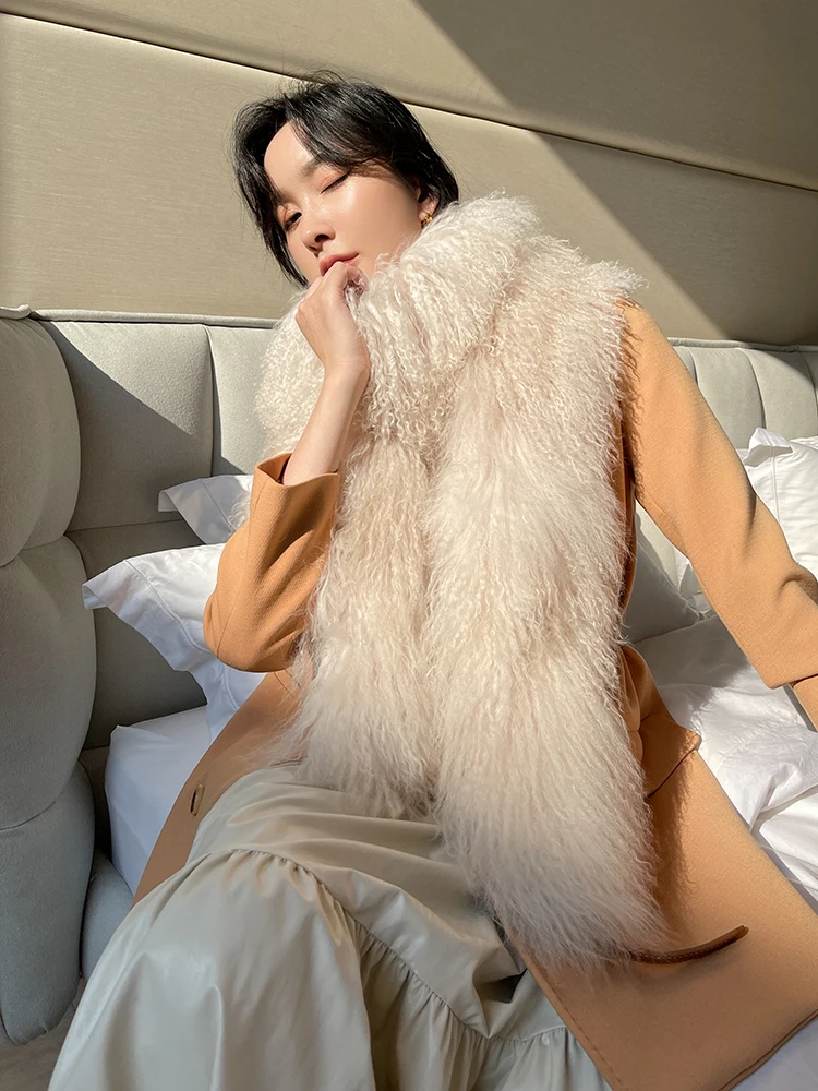 ZDFURS* Korean Quality mongolian fur Tibet sheep fur scarf Double-Sided Whole skin Long Fur Scarf Fur Collar Fur Scarf Thickened